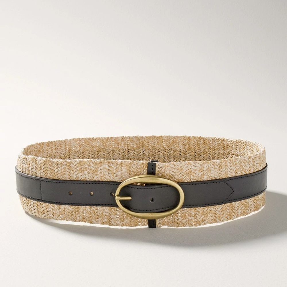 NEW WHBM $89 wide straw belt Elegant Black and Tan size XL - Picture 1 of 9